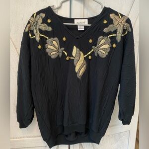 Vintage Rafael Seashell Top Women’s Medium Black Gold Dangling Shell Appliqués